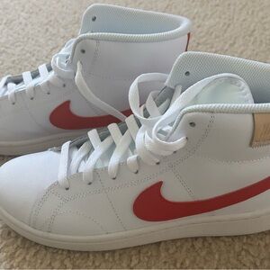 Nike White High-Top Sneakers with Red Swoosh